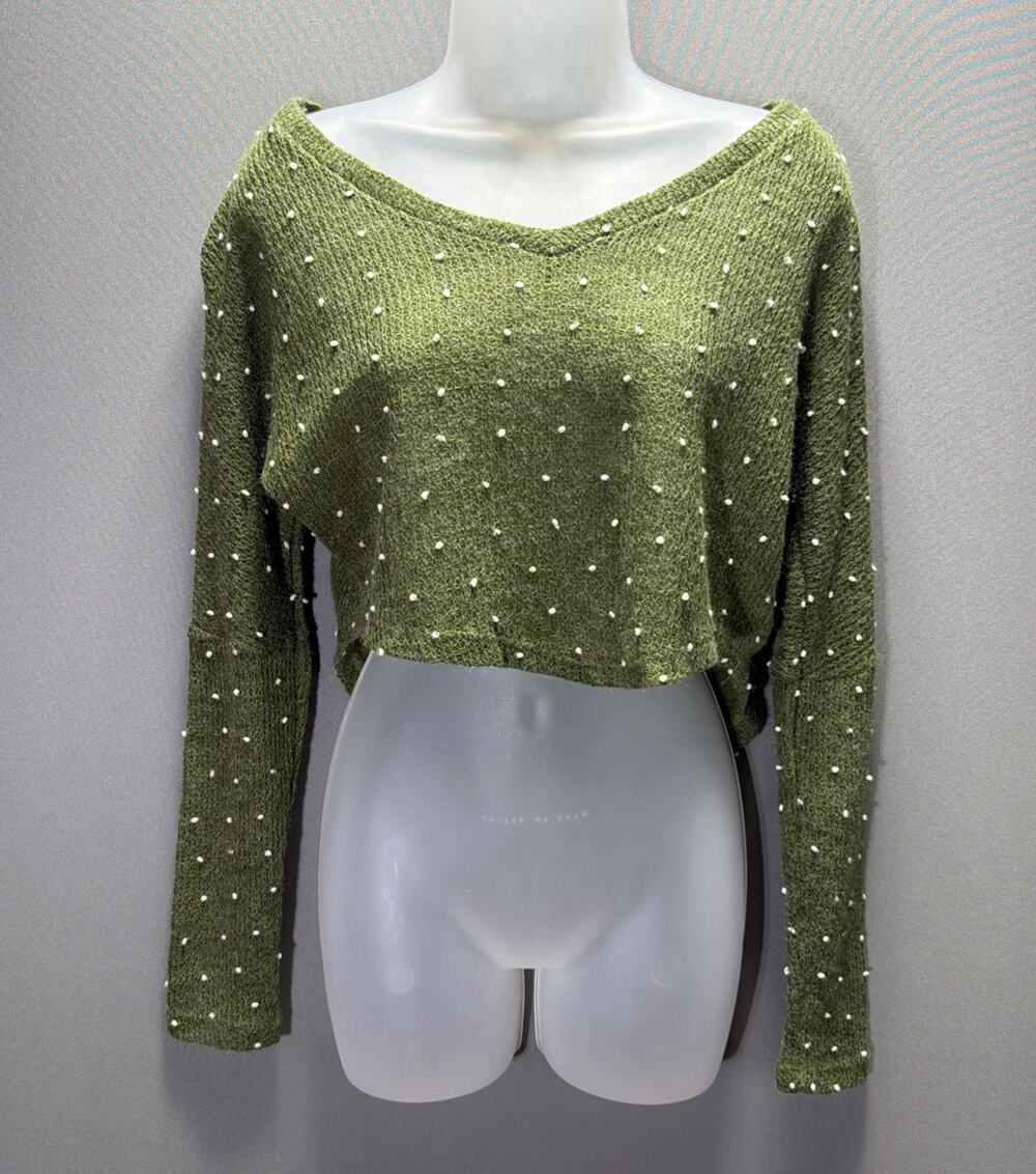 PPLA Swiss Dot Long Sleeve Sweater Size S Oversized Cropped Cozy Green